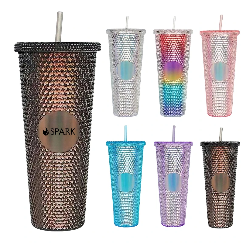24oz iridescent tumbler cup double wall with lid and straw