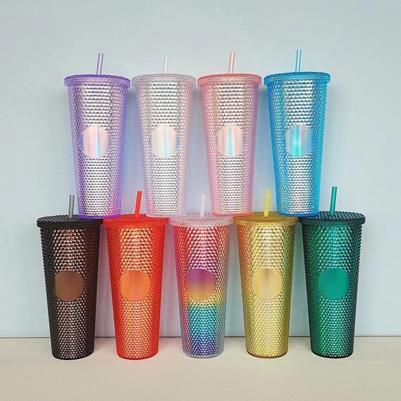 24oz iridescent tumbler cup double wall with lid and straw