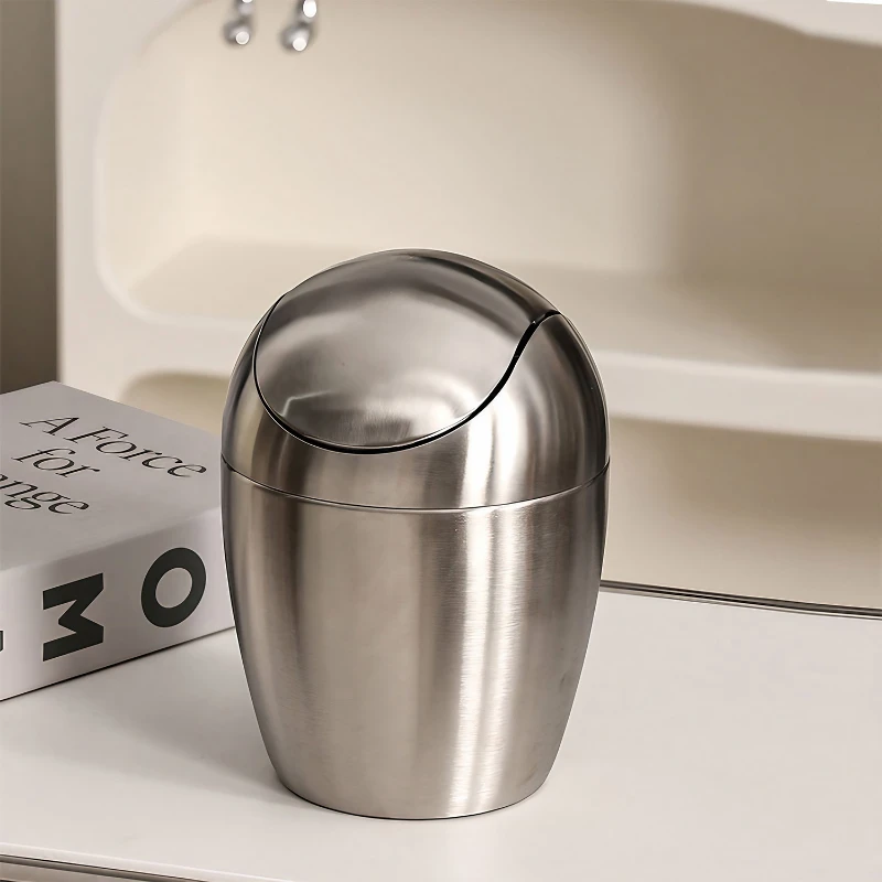 mini desktop trash can with swing lid stainless steel