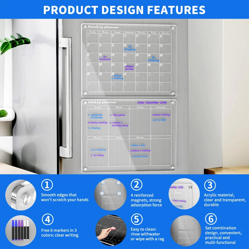 acrylic magnetic monthly and weekly calendar for fridge
