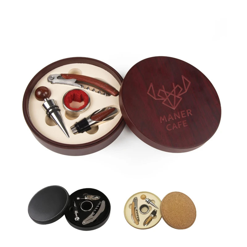 Wood or PU Round 4 Piece Wine Tool Set