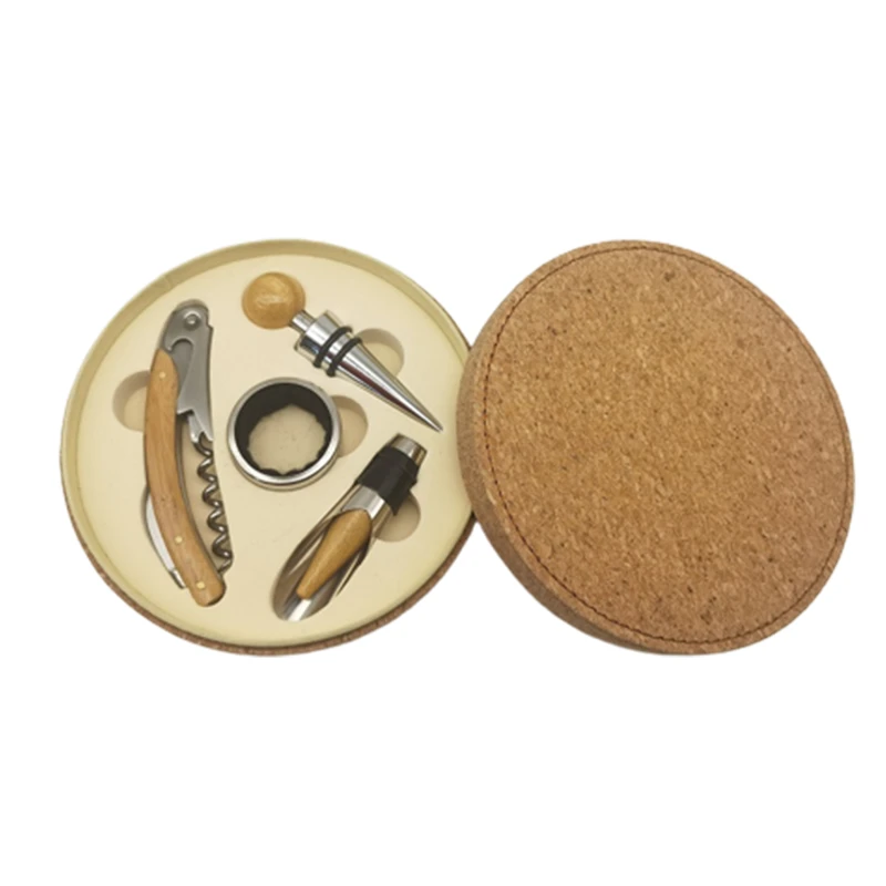 Wood or PU Round 4 Piece Wine Tool Set