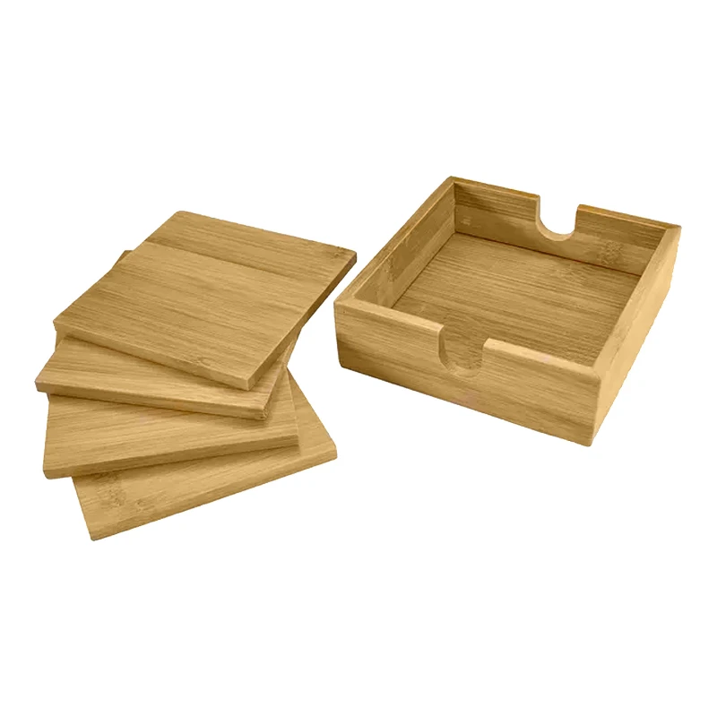set of 4 bamboo wood coasters with holder