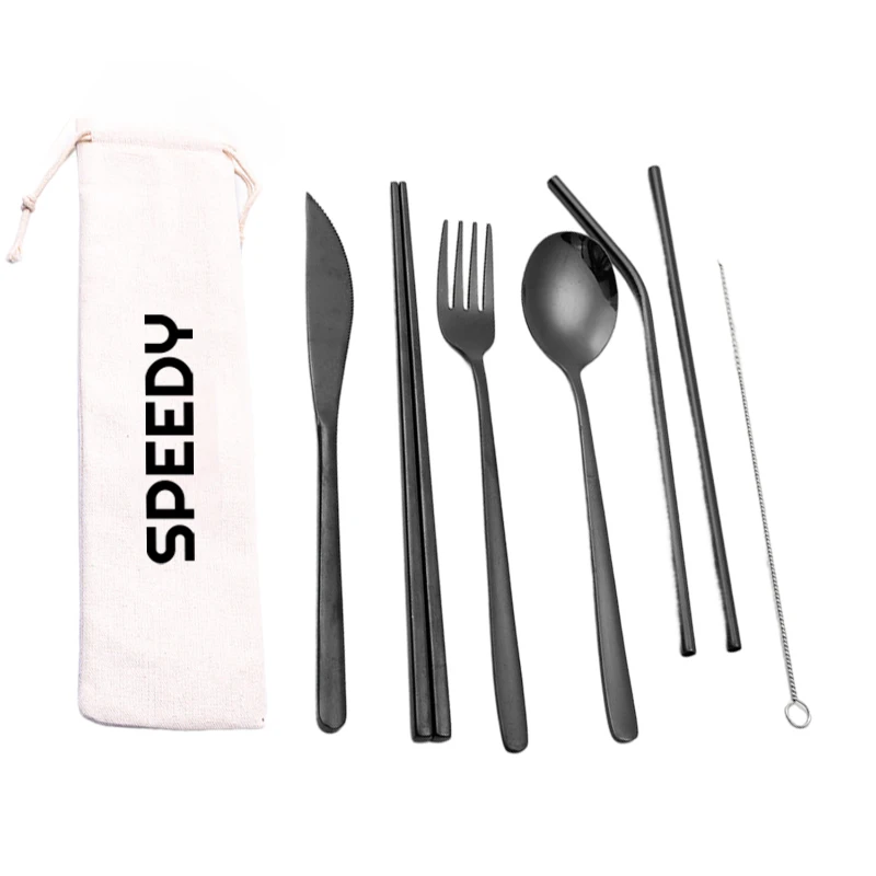portable stainless steel 7 pieces flatware set with pouch