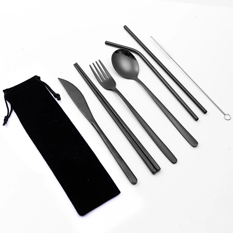 portable stainless steel 7 pieces flatware set with pouch