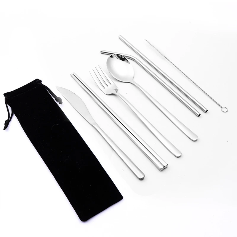 portable stainless steel 7 pieces flatware set with pouch