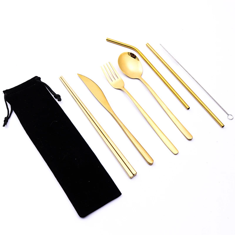 portable stainless steel 7 pieces flatware set with pouch