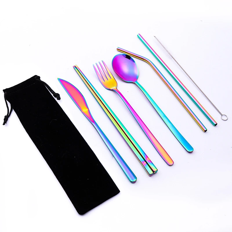 portable stainless steel 7 pieces flatware set with pouch