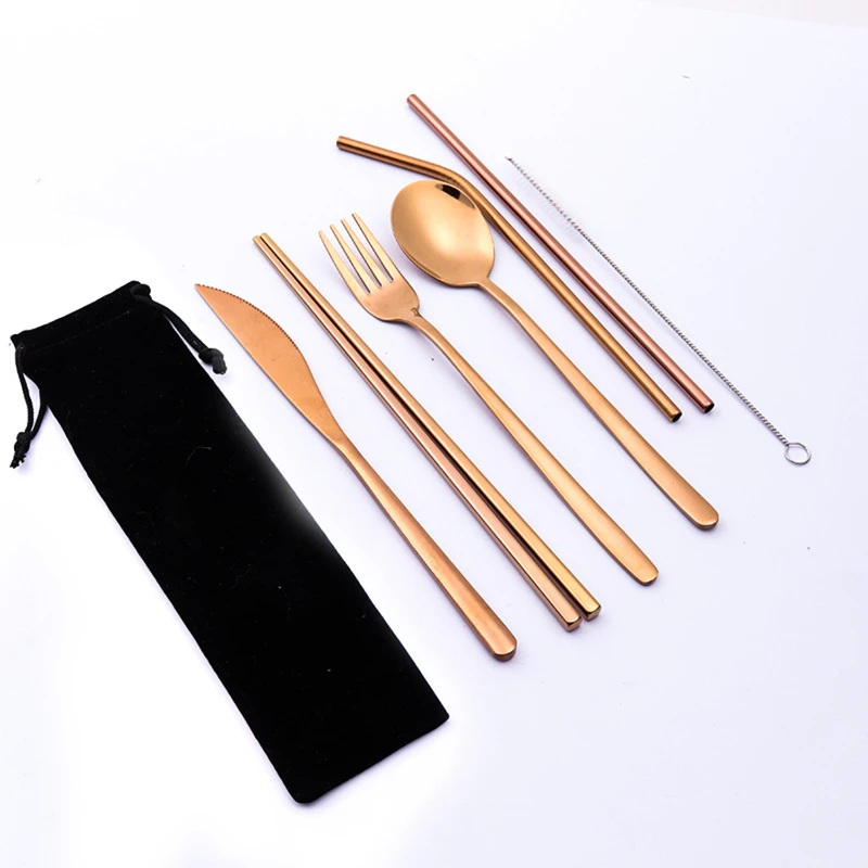 portable stainless steel 7 pieces flatware set with pouch