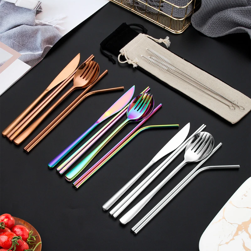 portable stainless steel 7 pieces flatware set with pouch