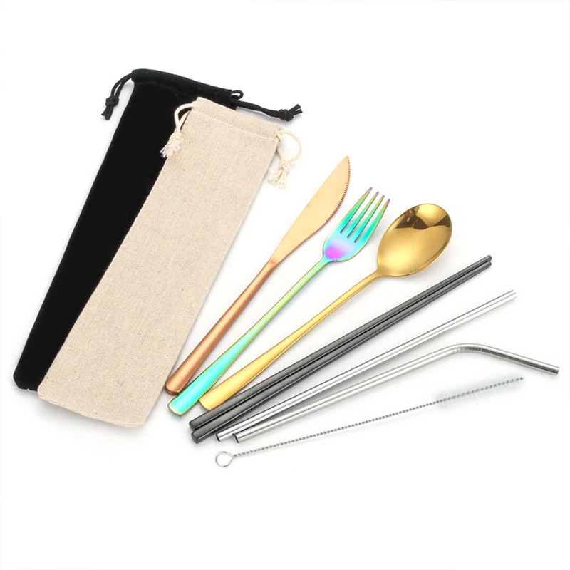 portable stainless steel 7 pieces flatware set with pouch