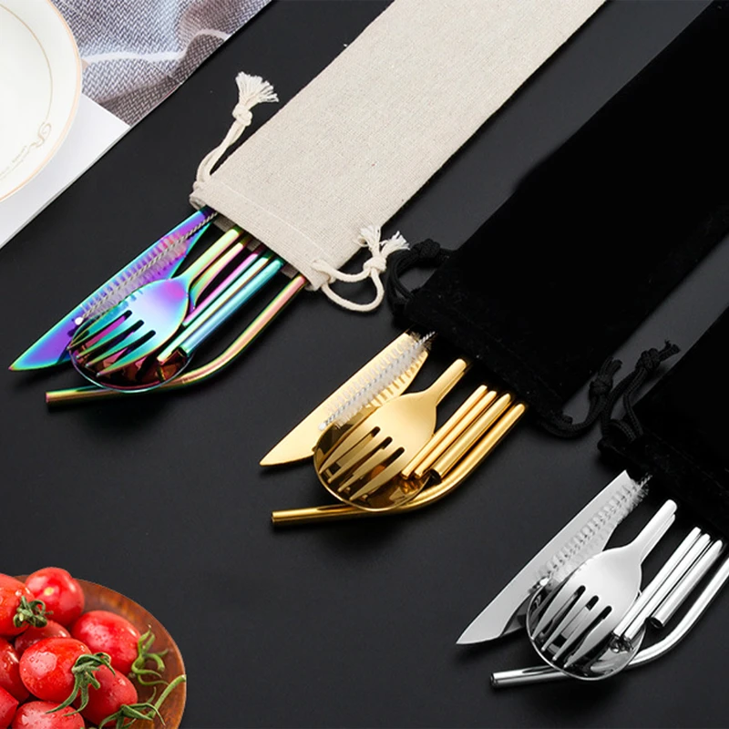 portable stainless steel 7 pieces flatware set with pouch