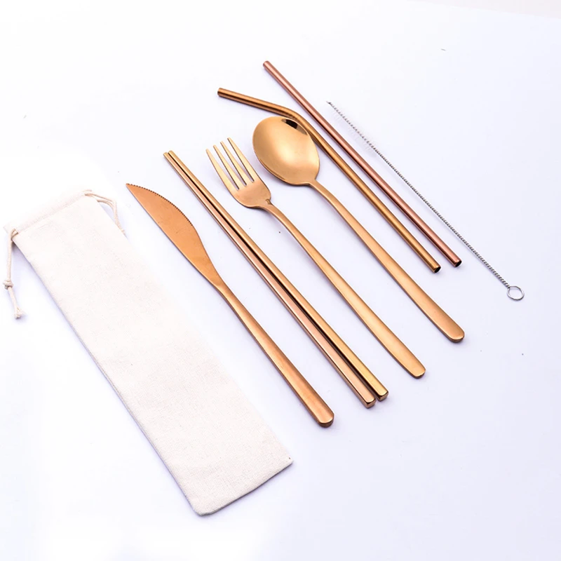 portable stainless steel 7 pieces flatware set with pouch