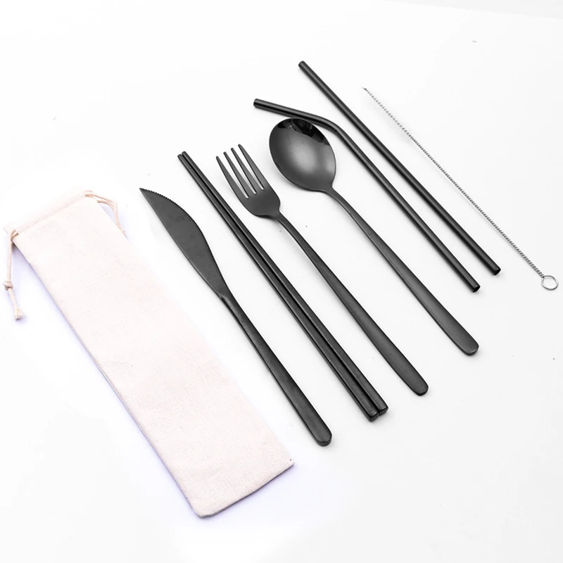portable stainless steel 7 pieces flatware set with pouch
