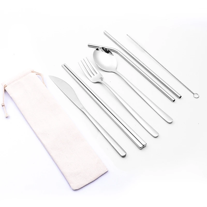 portable stainless steel 7 pieces flatware set with pouch