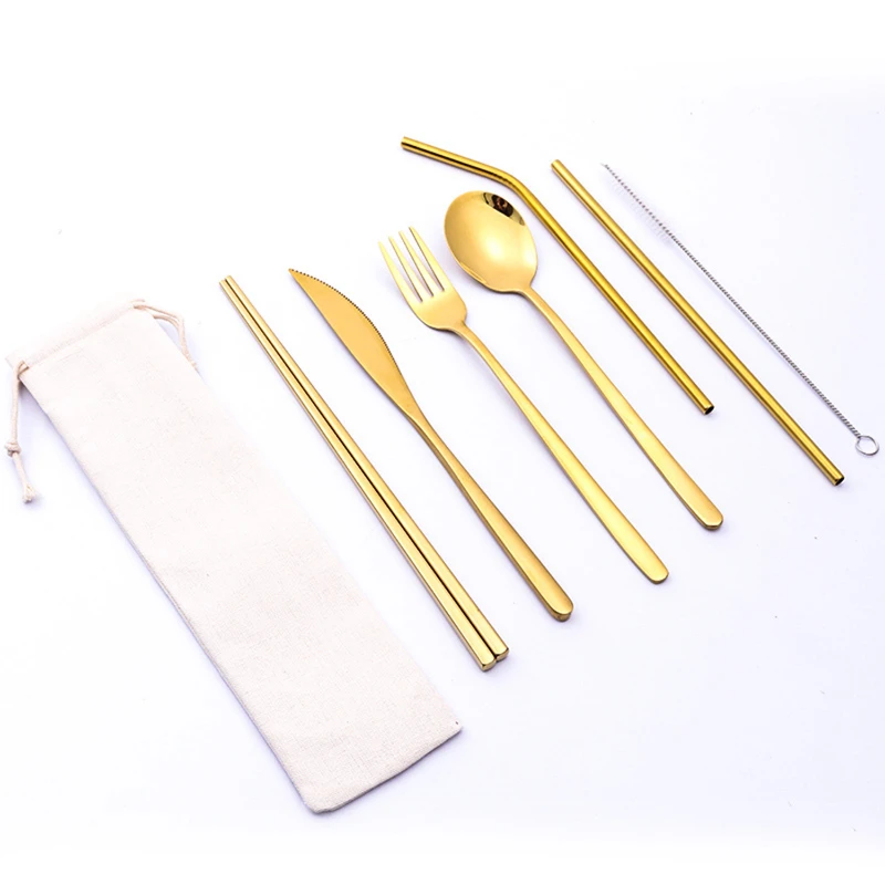 portable stainless steel 7 pieces flatware set with pouch