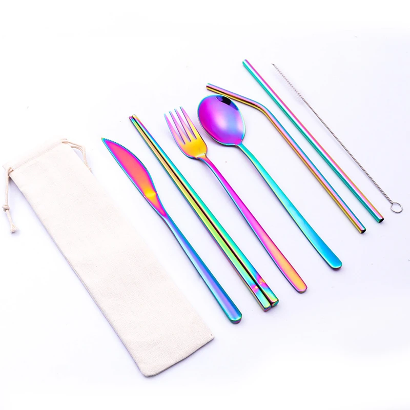 portable stainless steel 7 pieces flatware set with pouch
