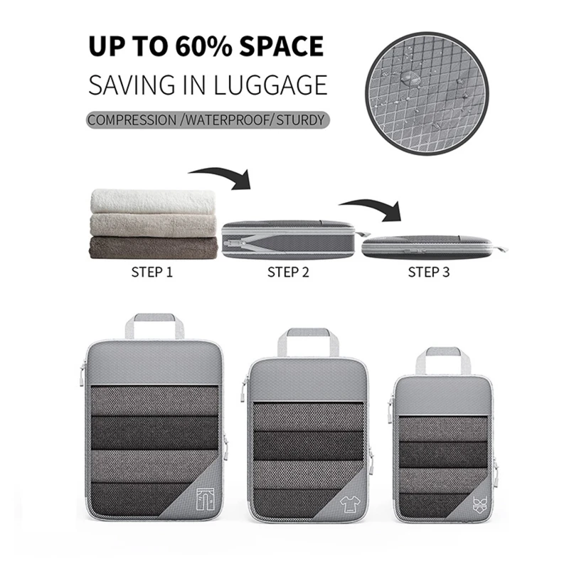 3pcs compression packing cube set expandable mesh travel bag