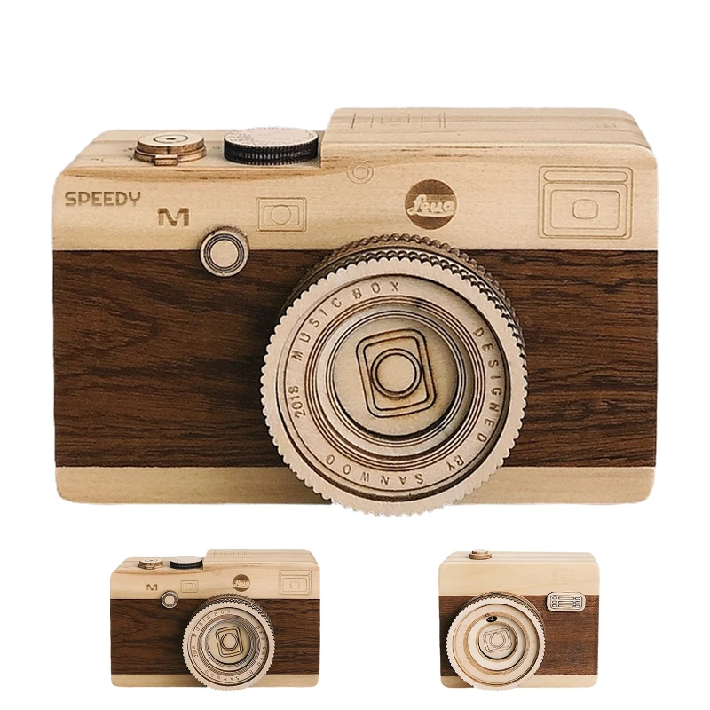 retro engraved wooden camera musical box