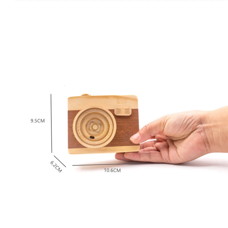 retro engraved wooden camera musical box