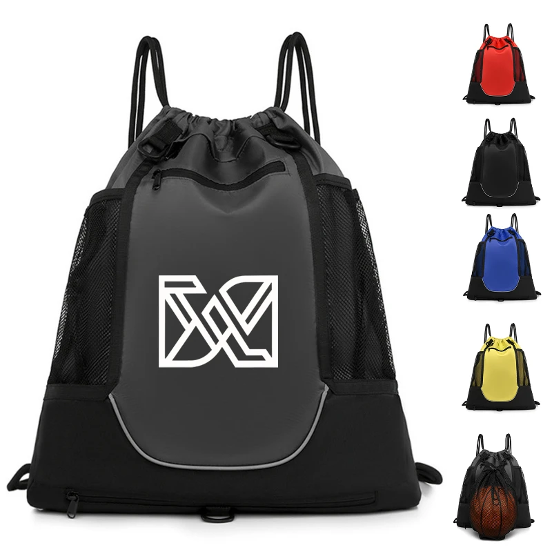 drawstring backpack with detachable basketball mesh pocket