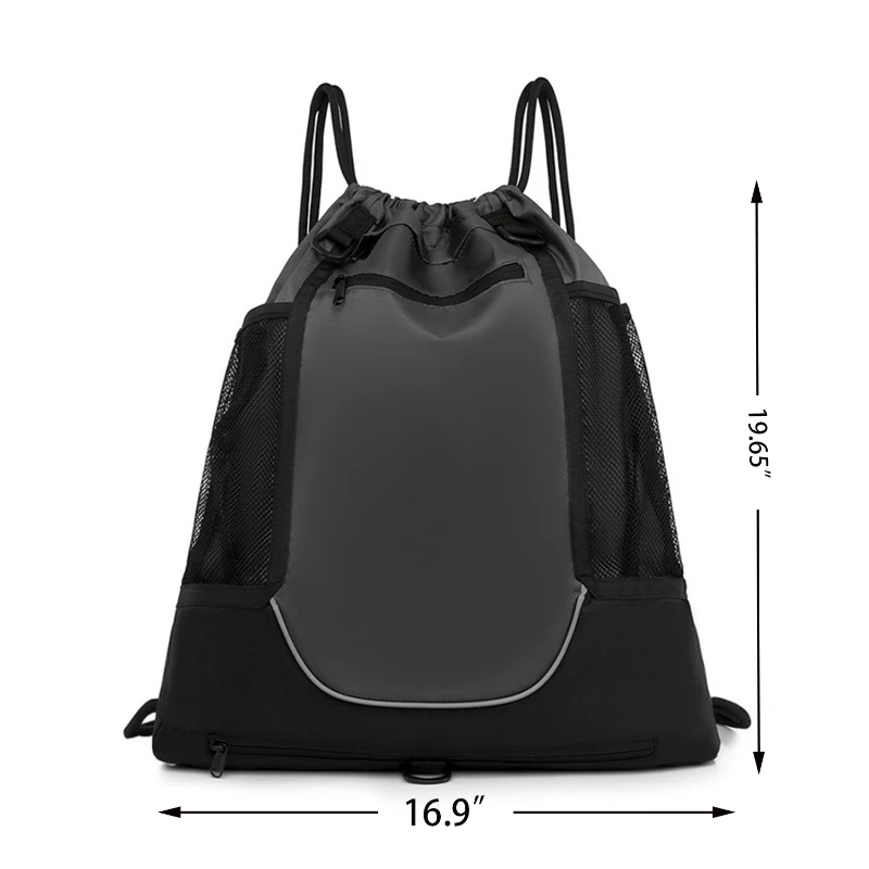 drawstring backpack with detachable basketball mesh pocket