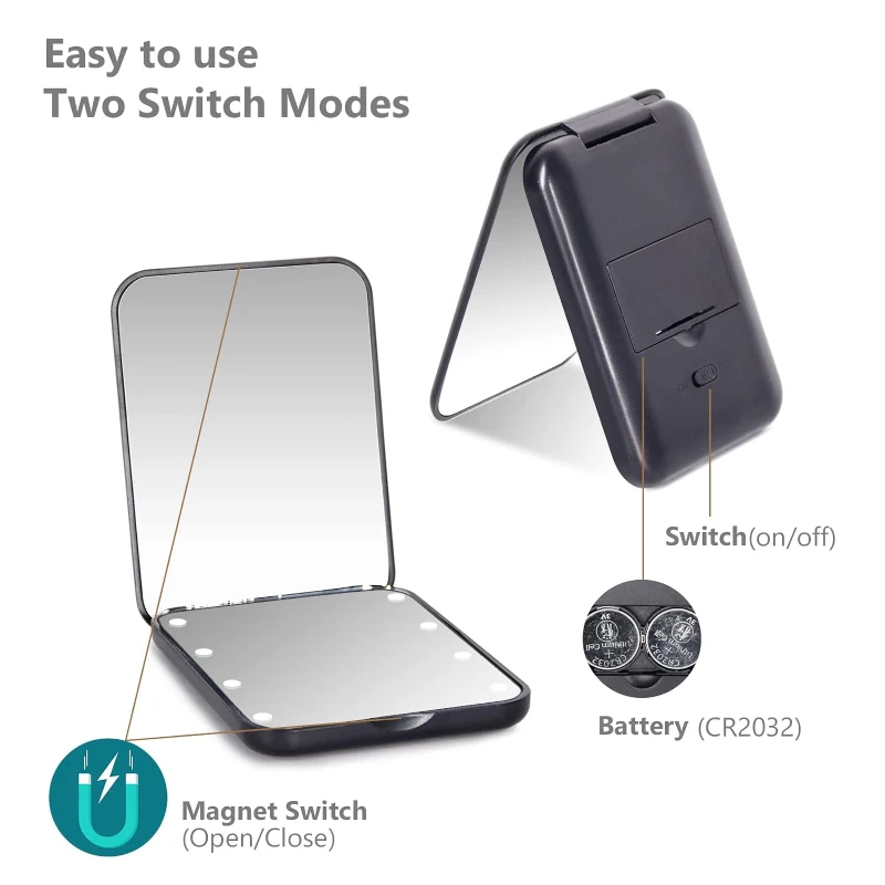 led lighted pocket mirror with 1x/2x magnification