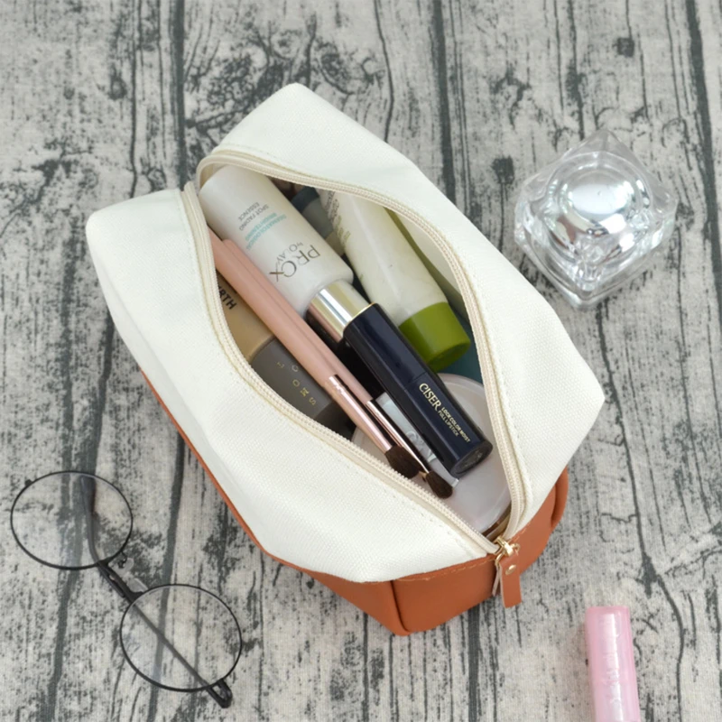 color blocked canvas and pu leather cosmetic bag