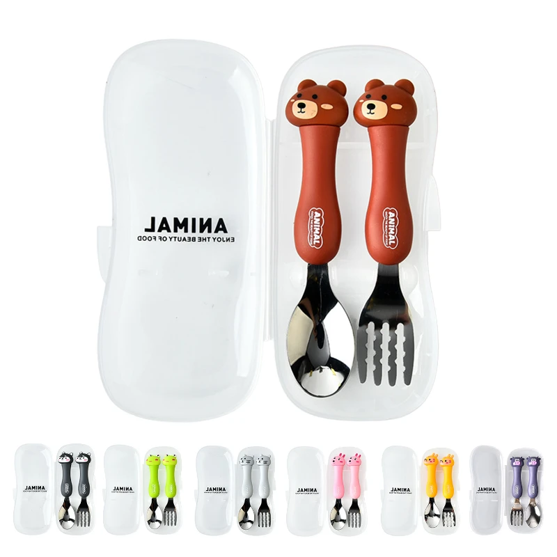 kids stainless steel baby spoon fork set with travel case