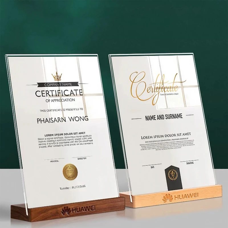 a4 acrylic certificate photo frame with wood base