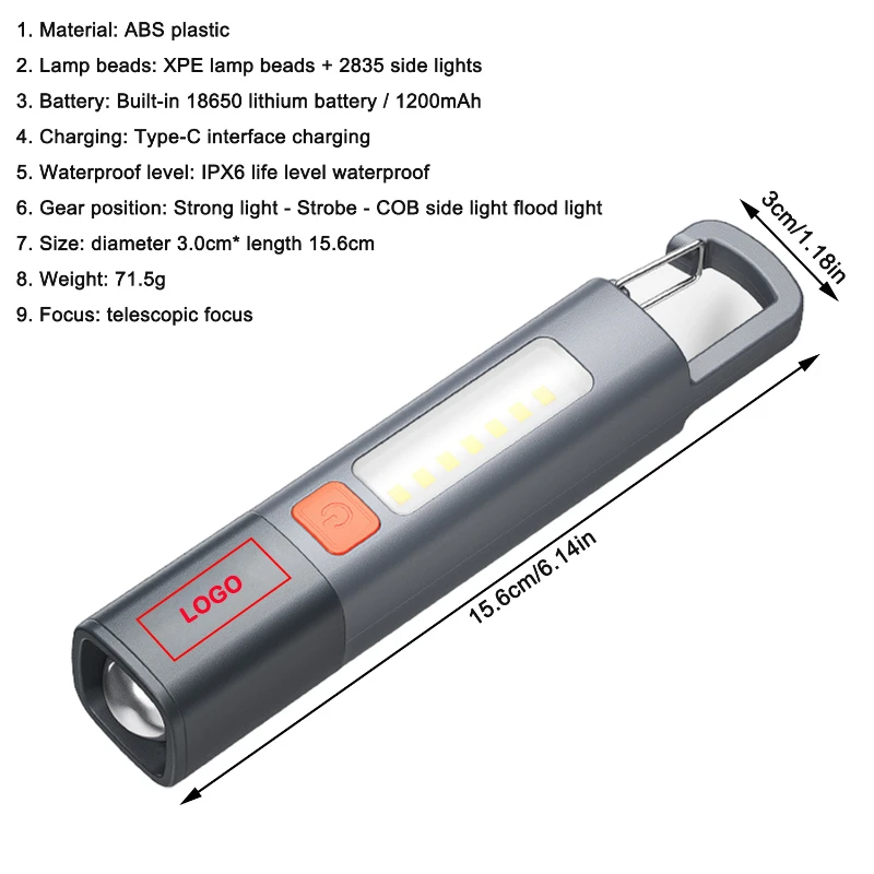 compact rechargeable led flashlight with hook