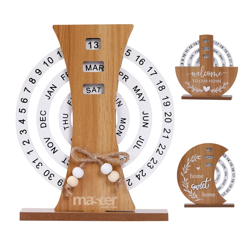 wooden desk calendar with rotating dials