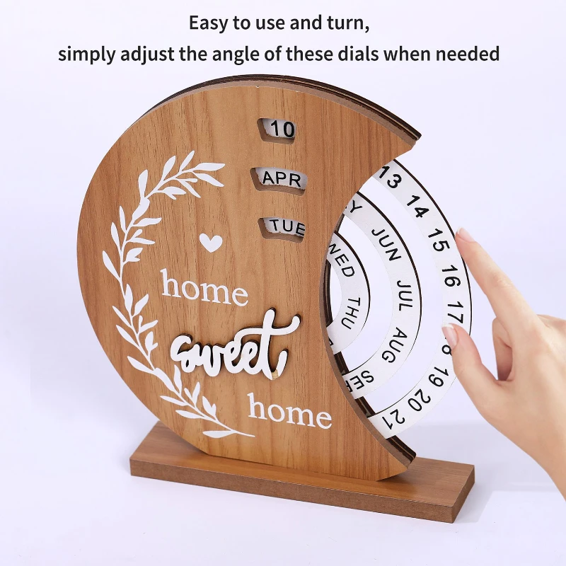 wooden desk calendar with rotating dials