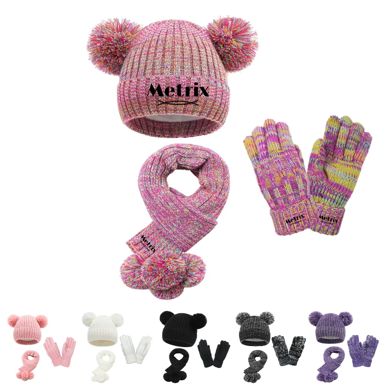 kids' winter pom pom hat, scarf & gloves set