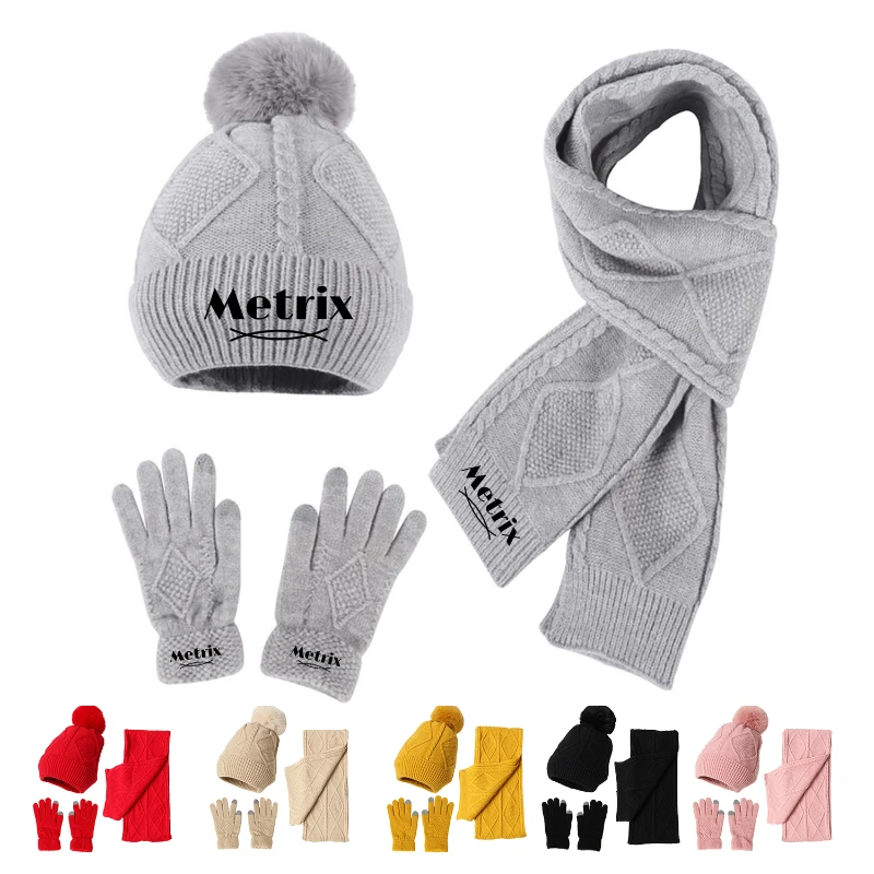 pom pom knit winter hat, scarf, and gloves set
