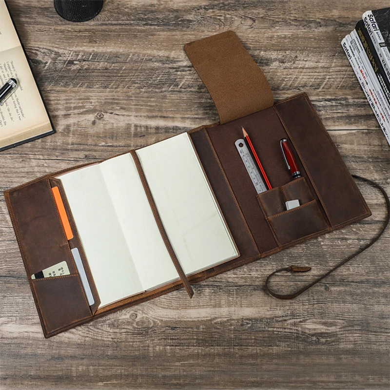 vintage full grain leather a5 wrap padfolio with tie closure
