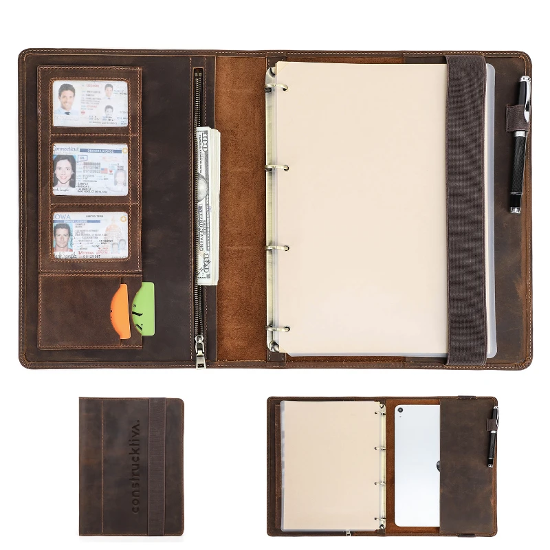 vintage full grain leather ring binder padfolio