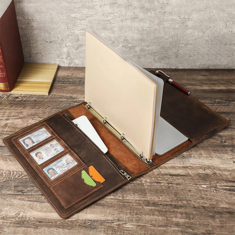 vintage full grain leather ring binder padfolio