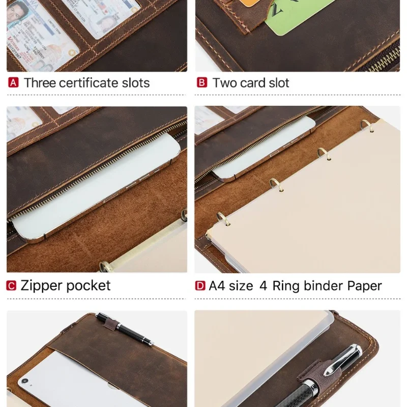 vintage full grain leather ring binder padfolio