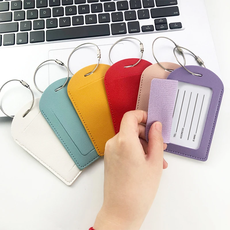 thick vegan leather luggage tag with steel cable