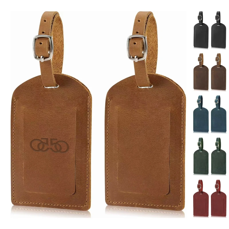 classic genuine leather luggage tag with metal buckle