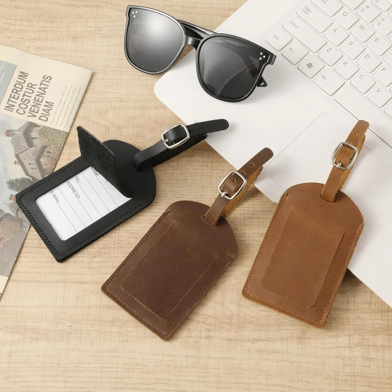 classic genuine leather luggage tag with metal buckle