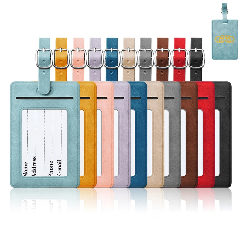 soft touch vegan leather luggage tag with creased edges