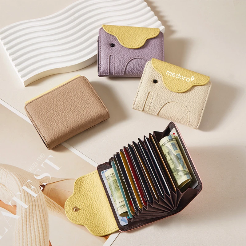 elephant design top grain leather accordion card wallet