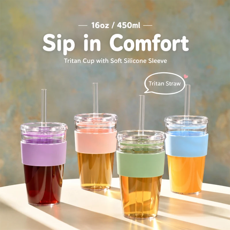16 oz tritan straw tumbler with silicone sleeve
