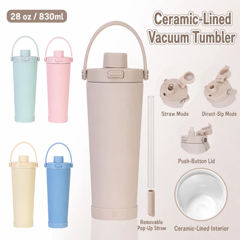 28 oz ceramic lined vacuum tumbler with push button flip lid