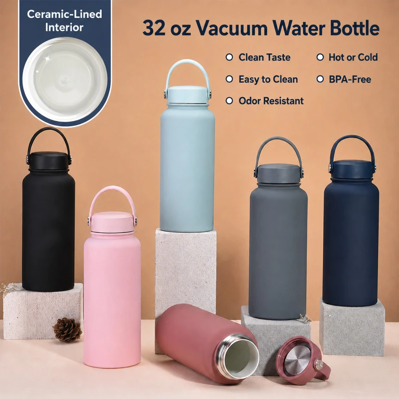 32 oz ceramic lined vacuum water bottle with two lid styles