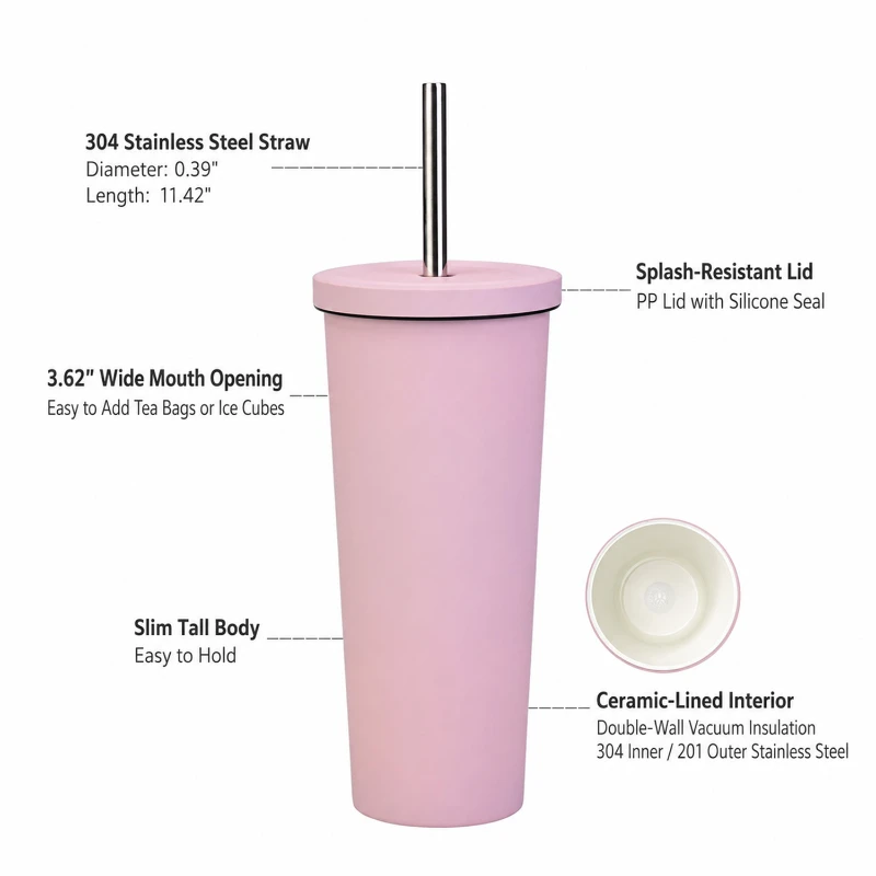 28 oz ceramic lined stainless steel vacuum straw tumbler set