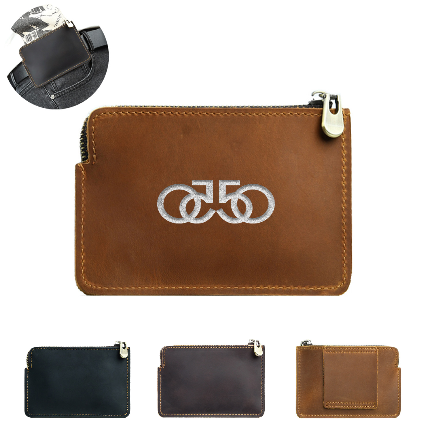 12 card full grain leather zippered belt loop card wallet