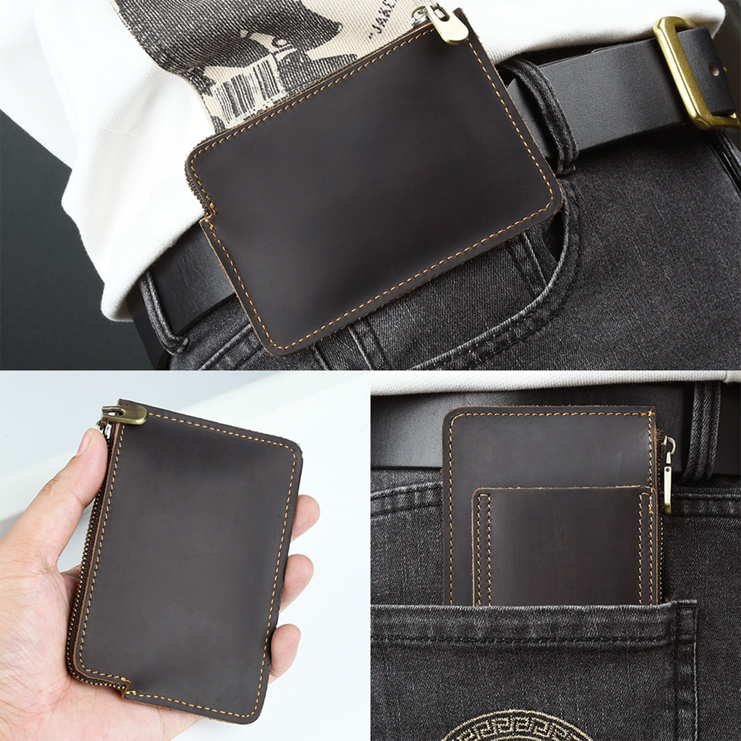 12 card full grain leather zippered belt loop card wallet